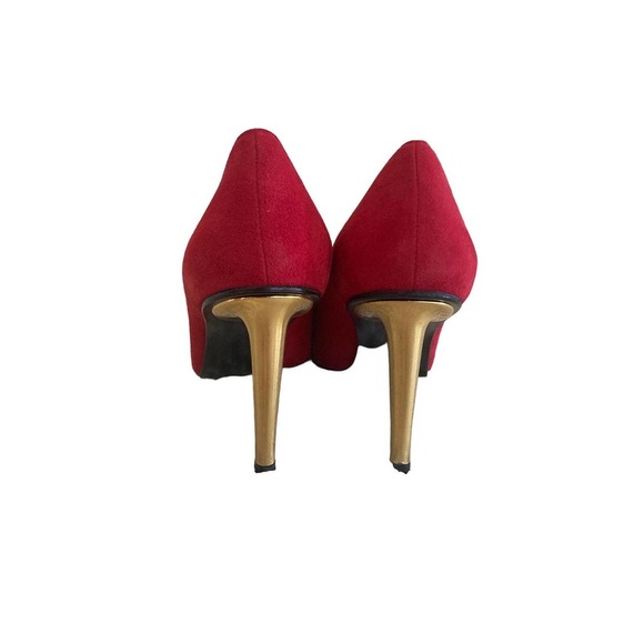 Vintage Stuart Weizmann Red Suede Gold Heel Dress Pumps - Size 7W - Picture 3 of 7